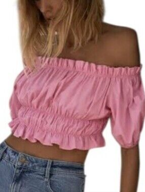 ZARA Pink Poplin Off The Shoulder Cropped Top SzS